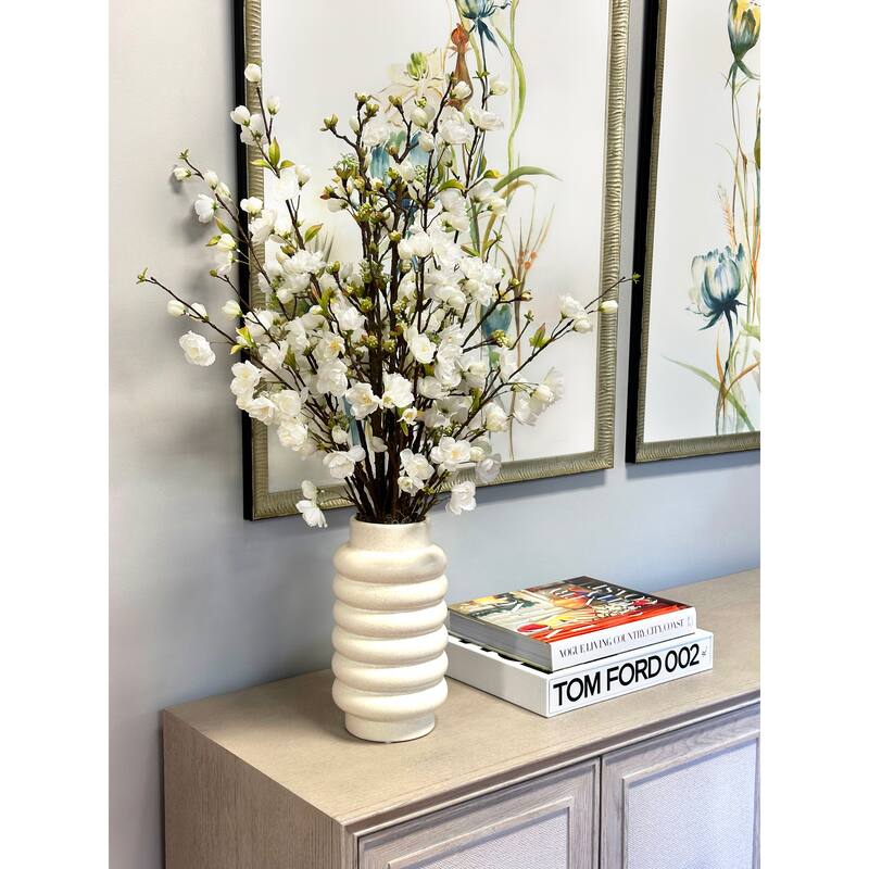 Cherry Blossoms Arranged in Ridged Ceramic Vase - White, Cream