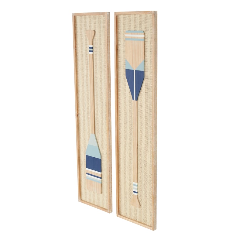 Wood Paddle Home Wall Decor with Blue and White Stripes and Woven Paper Backing - Set of 2 Cream - Roche River Decor