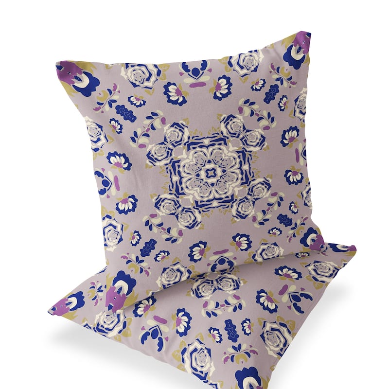 HomeRoots Set of Two 16" X 16" Blue and Purple Blown Seam Floral Indoor Outdoor Throw Pillow - 16.00' X '16.00' X '5.00