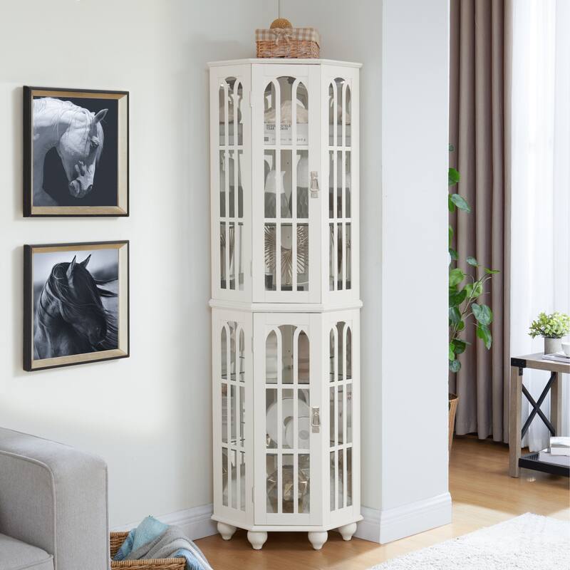 Lighted Corner Curio Cabinet, Wooden Accent Storage Cabinet, Display Cabinet with Tempered Glass Shelves & Mirrored Back - White