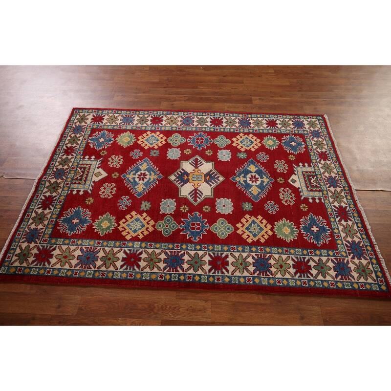 Oriental Kazak Area Rug Hand-Knotted Geometric Red Wool Carpet - 4'0" x 5'8"