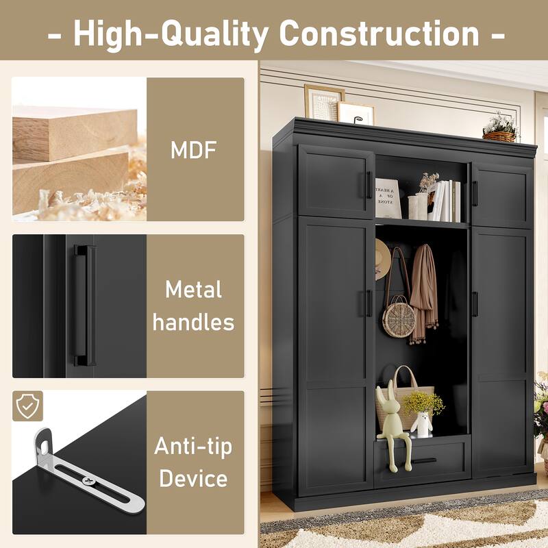 85.2"H Hall Tree with Bench and 3 Hooks, Modern Entryway Storage Organizer Cabinet with 4 Doors