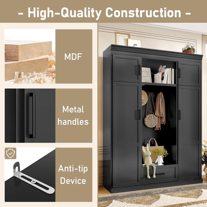 85.2''H Hall Tree with Bench and 3 Hooks, Modern Entryway Storage Organizer Cabinet with 4 Doors,1 Drawer and Adjustable Shelves