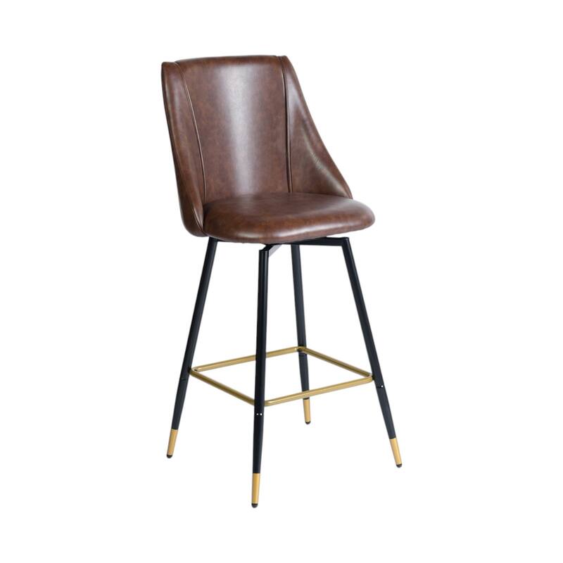 HomeRoots Set of Two 26" Brown and Black and Gold Faux Leather and Metal Counter Height Swivel Bar Chairs