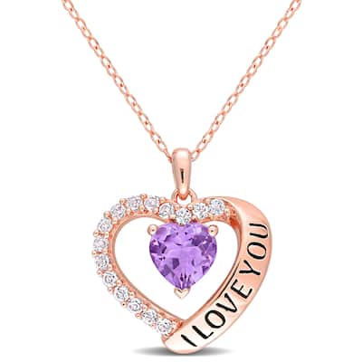 Miadora Amethyst & White Topaz "I Love You" Heart Halo Necklace in Rose Plated Sterling Silver