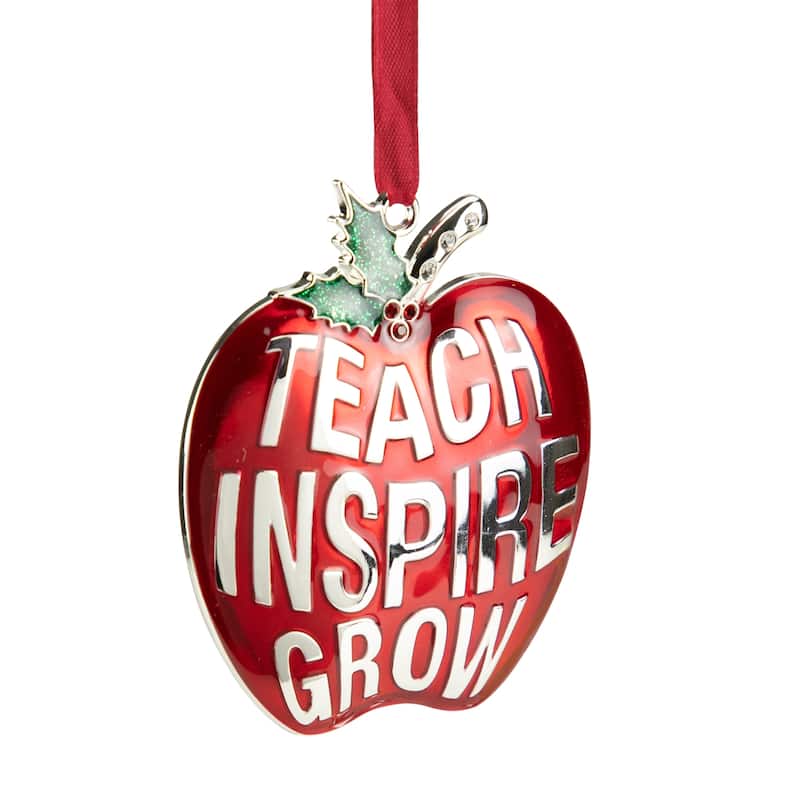 3.25" Red Silver Plated Apple Teacher Ornament European Crystals