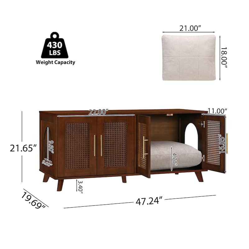 Christopher Knight Home - 47"W Rubber Wood Cat Cabinet with Rattan Doors & Cushion