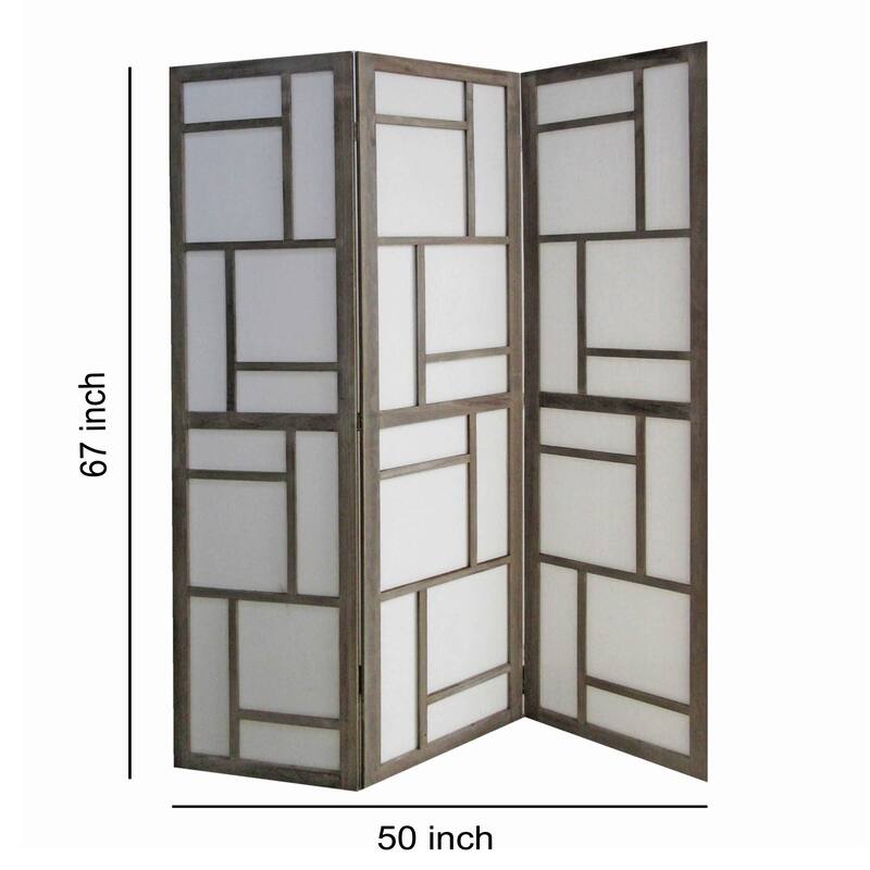 Contemporary 3 Panel Wooden Screen with Geometrical Designs, Gray