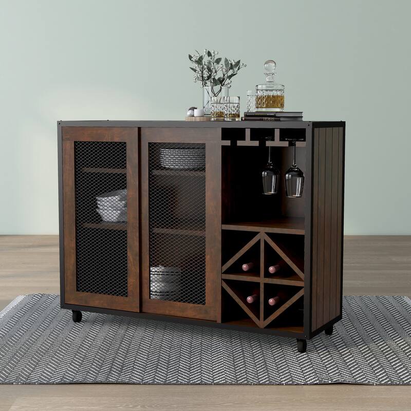 DH BASIC Vintage Walnut 48" Mobile Buffet with Wine Grid by Denhour