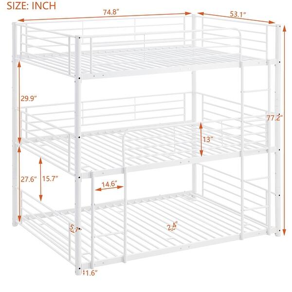 White Full-Full-Full Metal Triple Bunk Bed with Built-in Ladder and Full-Length Guardrail, Divided into 3 Separate Beds