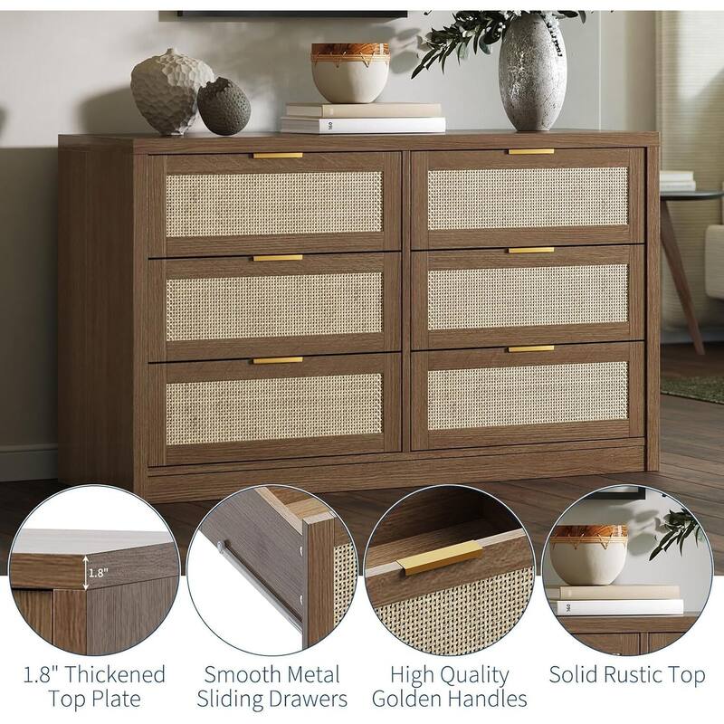 53" Rattan 6-Drawer Boho Dresser TV Stand for Bedroom, Living Room