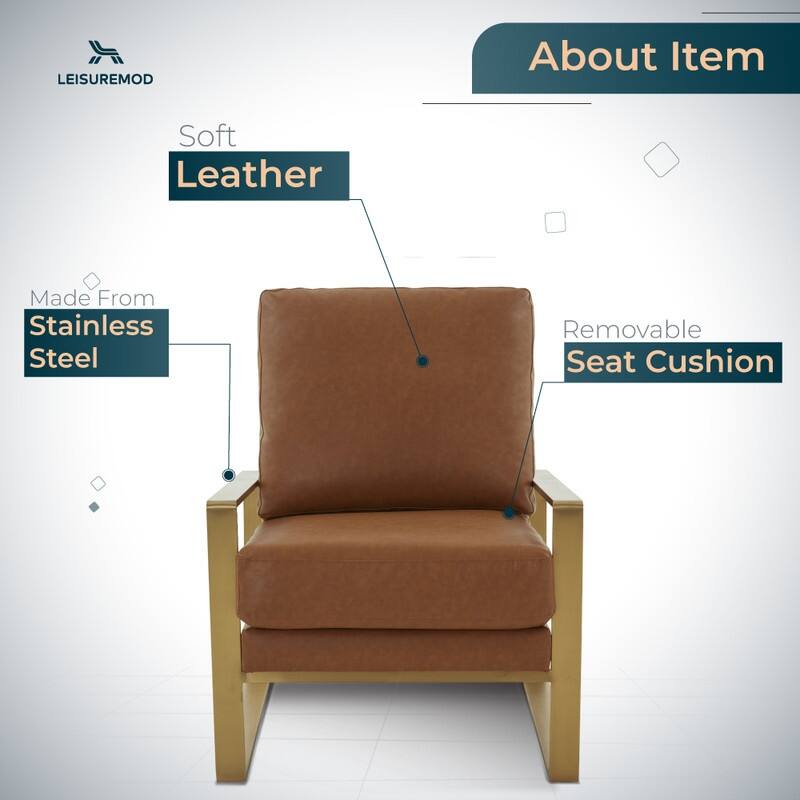 Jefferson Contemporary Leather Accent Armchair with Brushed Gold Base, Removable Cushions, and Durable Spring-Supported Seat