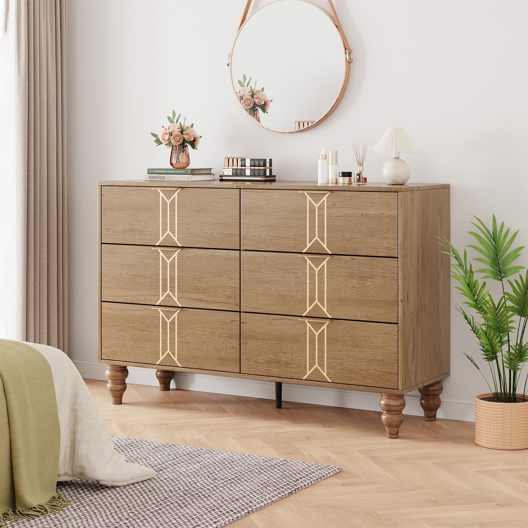 6 Drawer Dresser for Bedroom, 47" Wide Modern Wooden Chest with Vintage Pattern Design, Storage Organizer for Closet