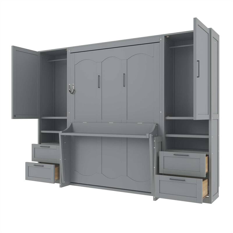 Full Size Murphy Bed Wall Bed with Closet,Drawers and Shelves