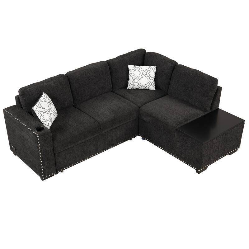 83.8-inch L-shaped Pull-Out Sectional Sofa Bed with Storage Chaise, USB Ports, Power Sockets, and Cup Holder