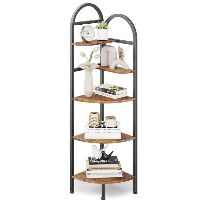 5-Tier Corner Bookshelf - 12.6"D x 12.6"W x 50"H - Rustic Brown