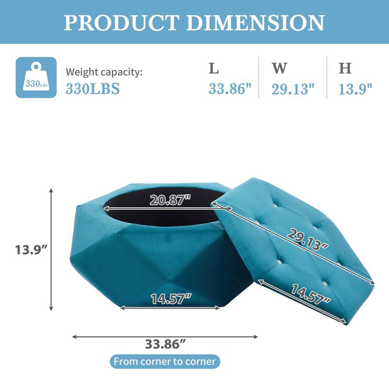 Velvet Polygon Ottoman with Diamond Lid, Multi-Functional Tufted Stroage Ottoman for Bedroom Entryway Foot Rest Stool