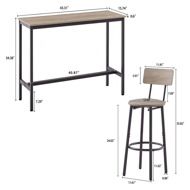 Grondin Rustic Industrial Style 3-Piece Thin Bar Table Set with 2 PU Leather Bar Stools, Kitchen Counter Height Dining Table Set