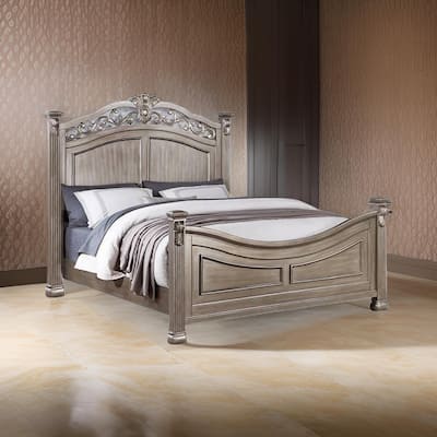 Aza Traditional Wood Queen Size Bed, Leaf Carvings, Champagne Gold Finish