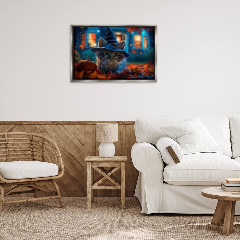 Stupell Halloween Witch Kitten & Pumpkin Framed Floater Canvas Wall Art Design By Wumples