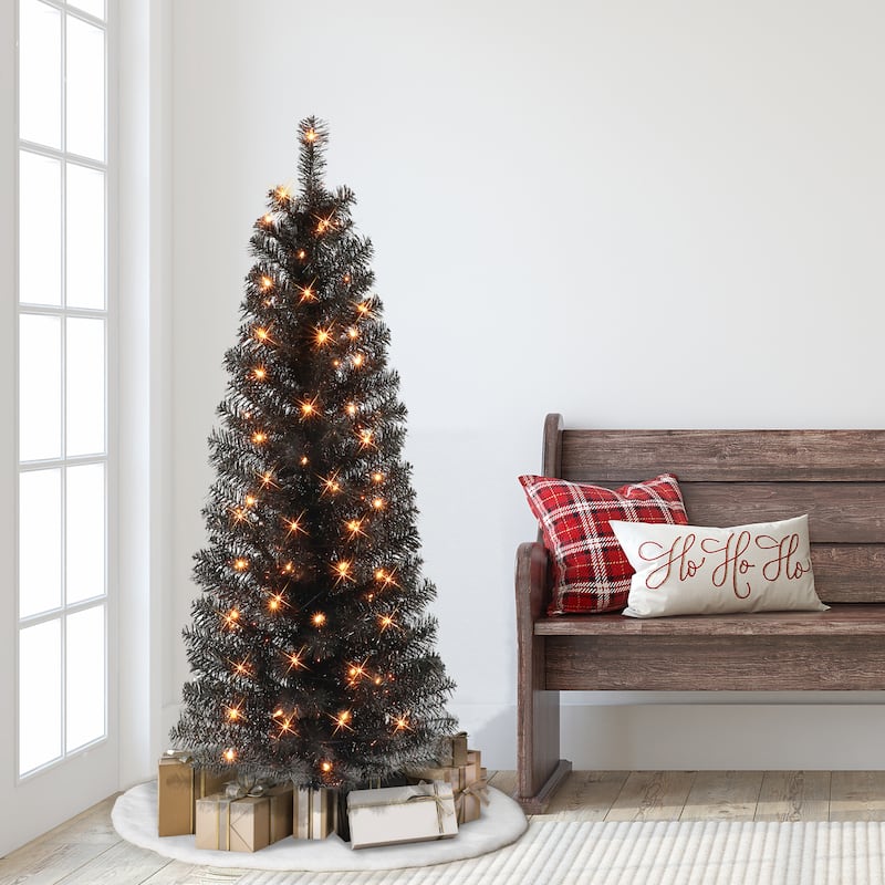 Puleo International 4.5 ft. Pre-lit Black Tinsel Tree