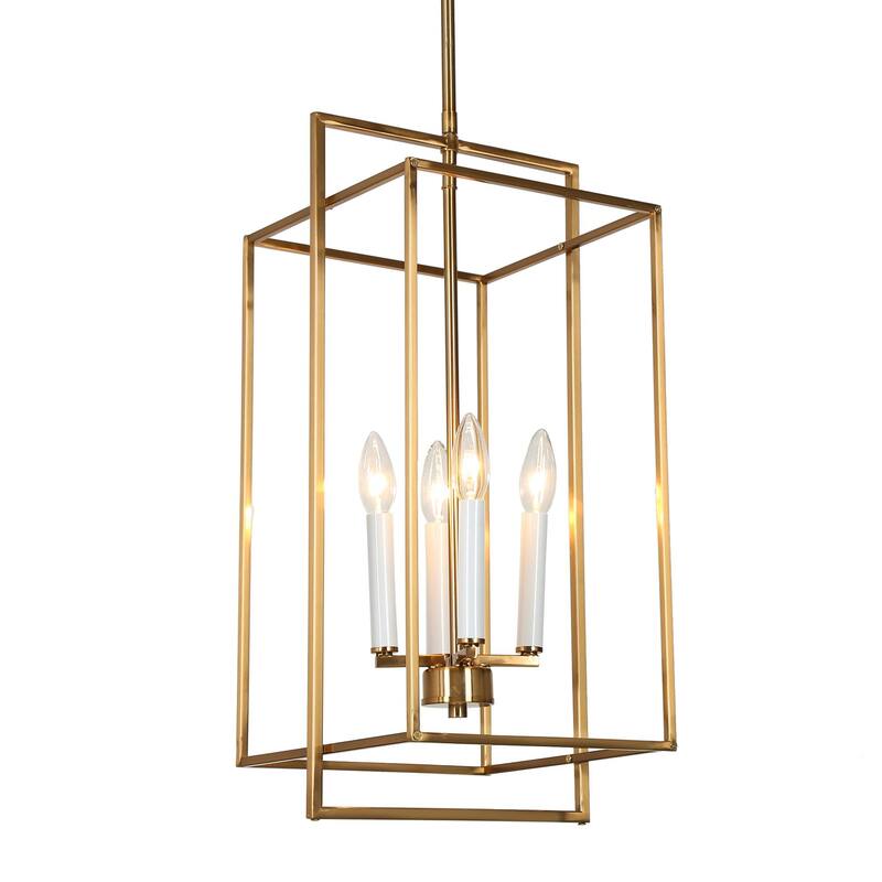Dilley Mid-century Modern Gold 4-Light Lantern Chandelier Foyer Island Pendant for Dining Room