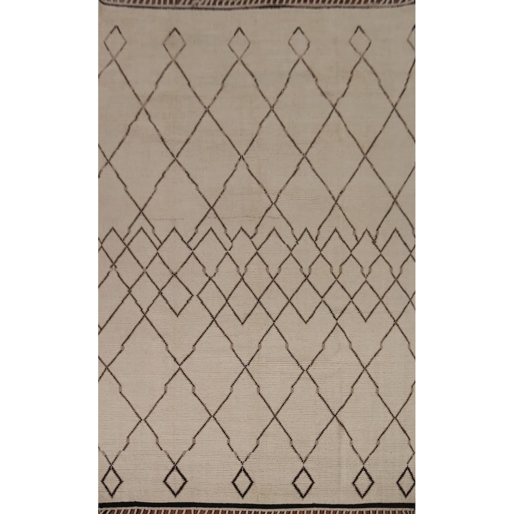 Trellis Moroccan Area Rug Handmade Oriental Beige Wool Carpet - 7'10"x 10'9"