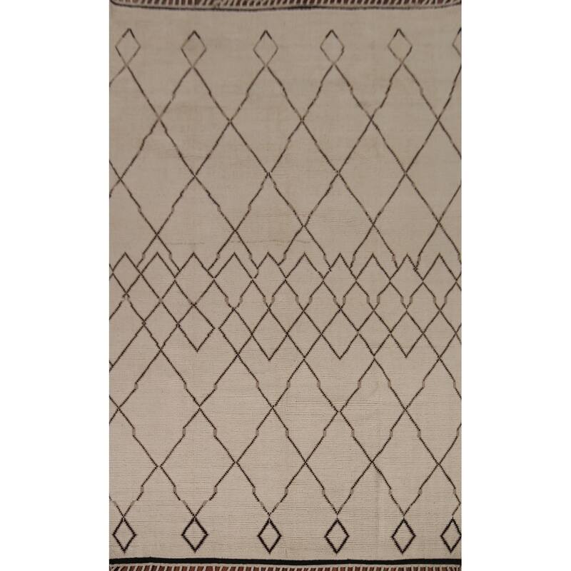 Trellis Moroccan Area Rug Handmade Oriental Beige Wool Carpet - 7'10"x 10'9"