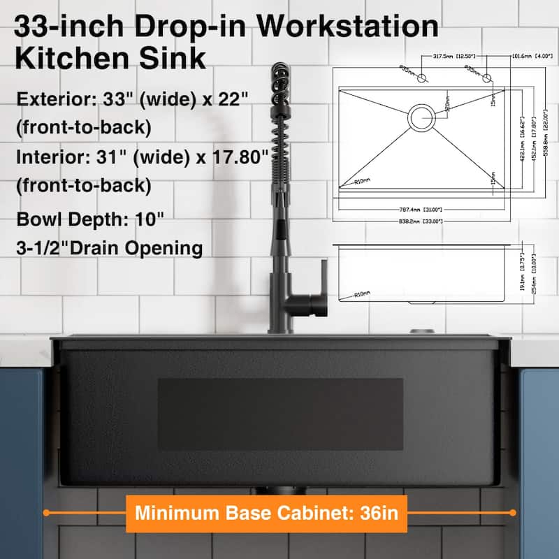 33 inch Gunmetal Drop-In Workstation Sink, 18 Gauge Single Bowl Topmount Stainless Steel Kitchen Sink with Spring Neck Faucet