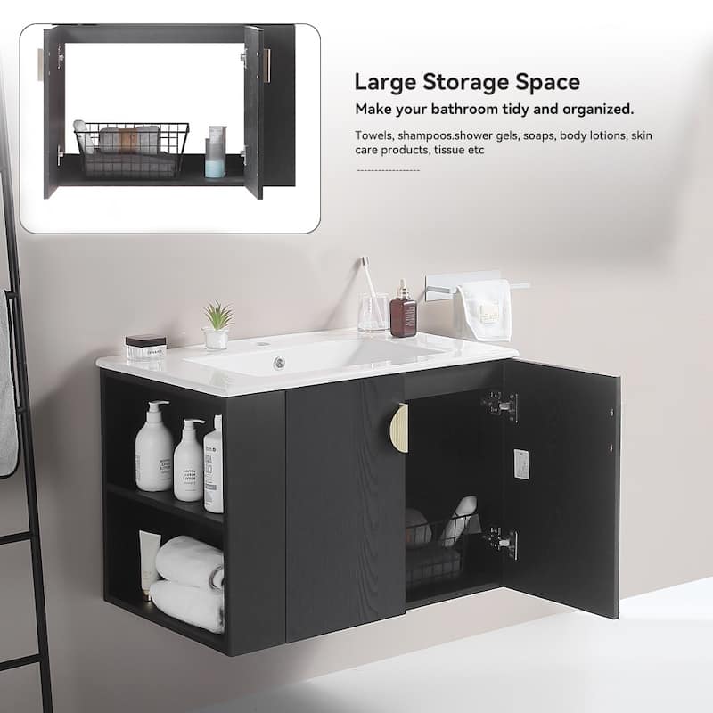 Bathroom Vanity with Sink, 2 Doors & Open Storage Shelf