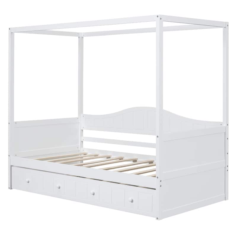 Simple Twin Size Pine Wood Canopy Daybed Frame with Twin Trundle