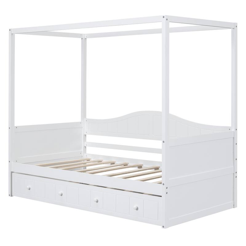 Twin Size Canopy Day bed with twin size Trundle, White