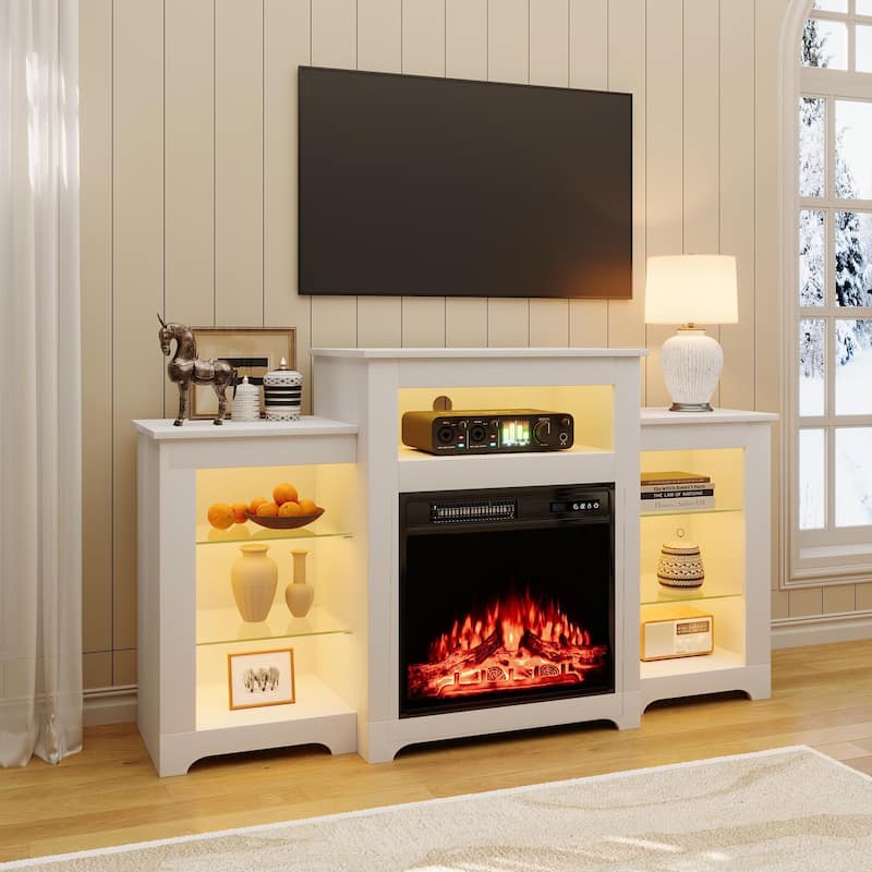 32" H Fireplace TV Stand, 55/70 Inch Media Console for TVs up to 80", Remote, Storage & LED Lights