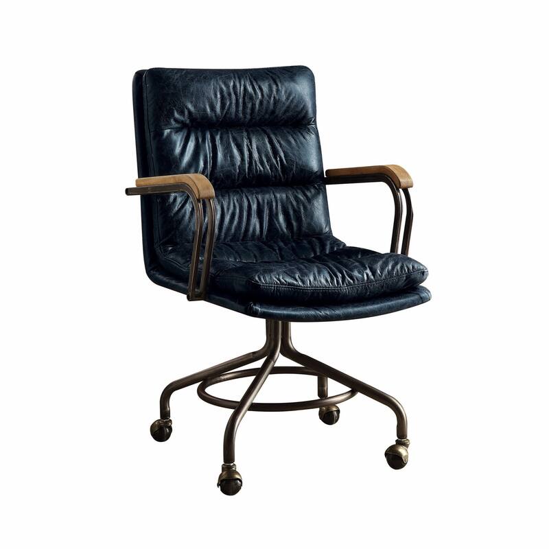 Navy Blue and Dark Brown Adjustable Swivel Leather Rolling Executive Office Chair