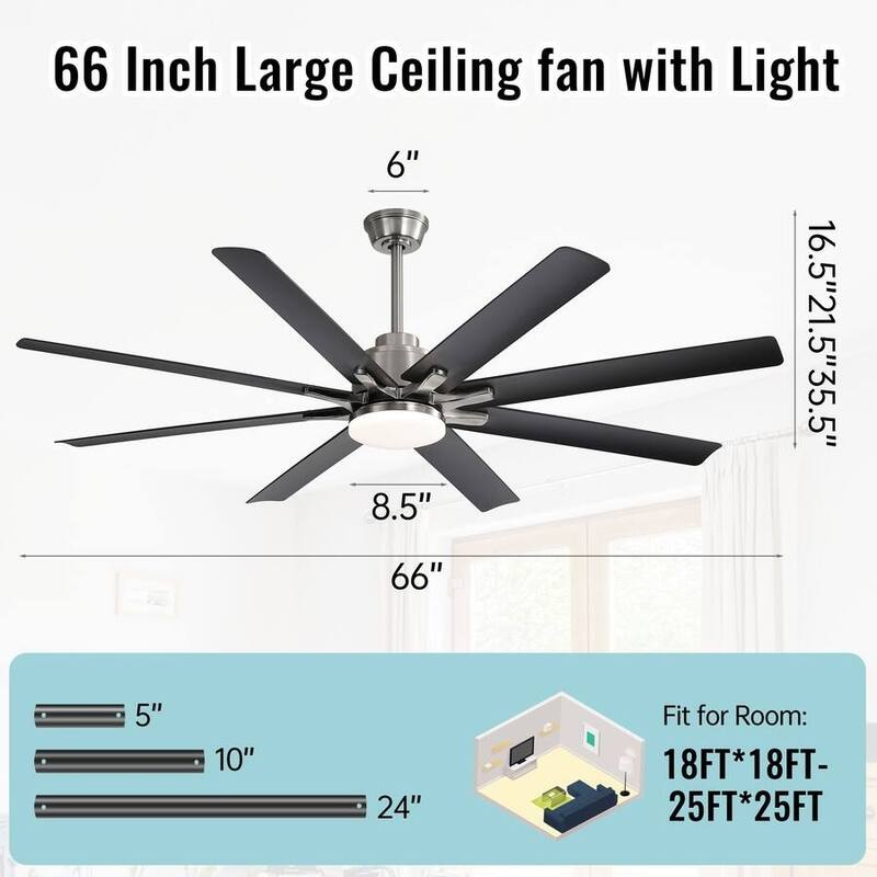 52/60/66 Inch Downrod Ceiling Fan with Light,Plywood Blades,Reversible DC Motor