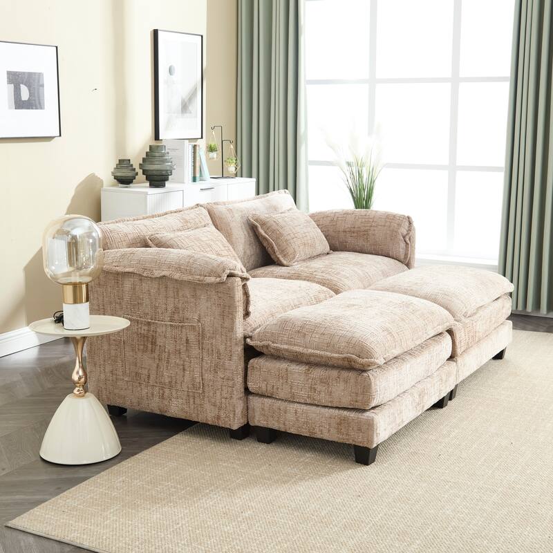 Chenille Sleeper Sofa Bed Deep Seat Loveseat Sectional Couch with Ottomans Chaise Lounge, Detachable Armrests and Side Pockets