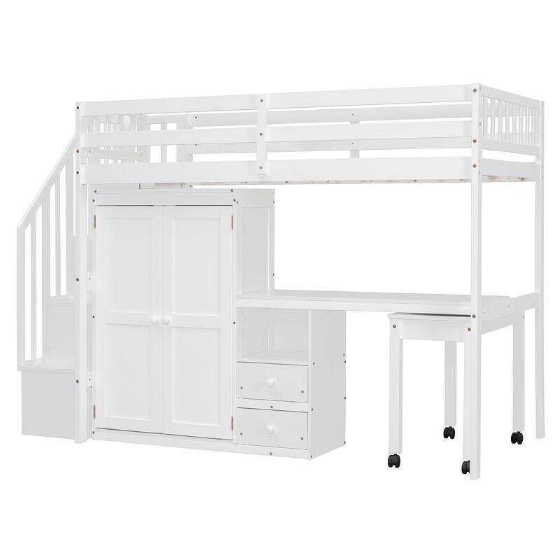 Space-Saving Twin Loft Bed with Stairs, Bookshelf, Drawers, Desk & Wardrobe for Kids & Teens - White