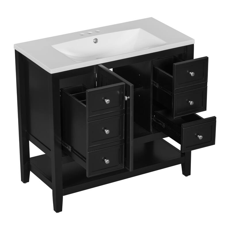 36" Bathroom Vanity With Sink, One Cabinet And Three Drawers, Solid Wood And Mdf Board