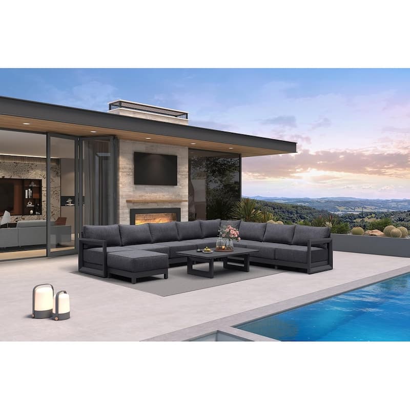 PURPLE LEAF Caesar Outdoor Couch with 9.6" Thick Cushion and Table for Yard Porch Deck, Grey Outdoor Patio Conversation Sets - 8 Seats+1 Ottoman+1 Table - U-shaped