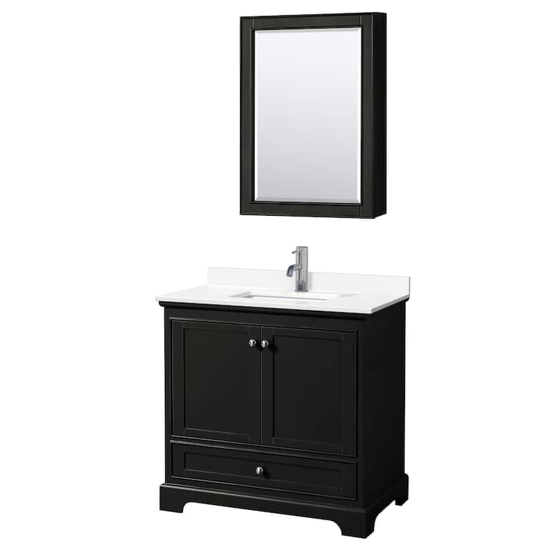 Deborah 36-inch Single Vanity, Quartz Top, Medicine Cabinet - Dark Espresso, Chrome Trim, White Quartz Top