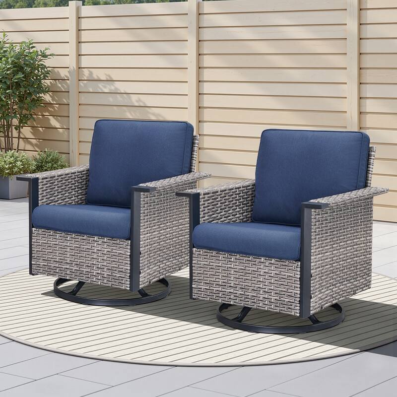 Pocassy Outdoor Wicker Sofa Glider Chair with Ottoman Set - Gray Wicker Blue Cushion - 2-Piece Swivel Chair with Cushion