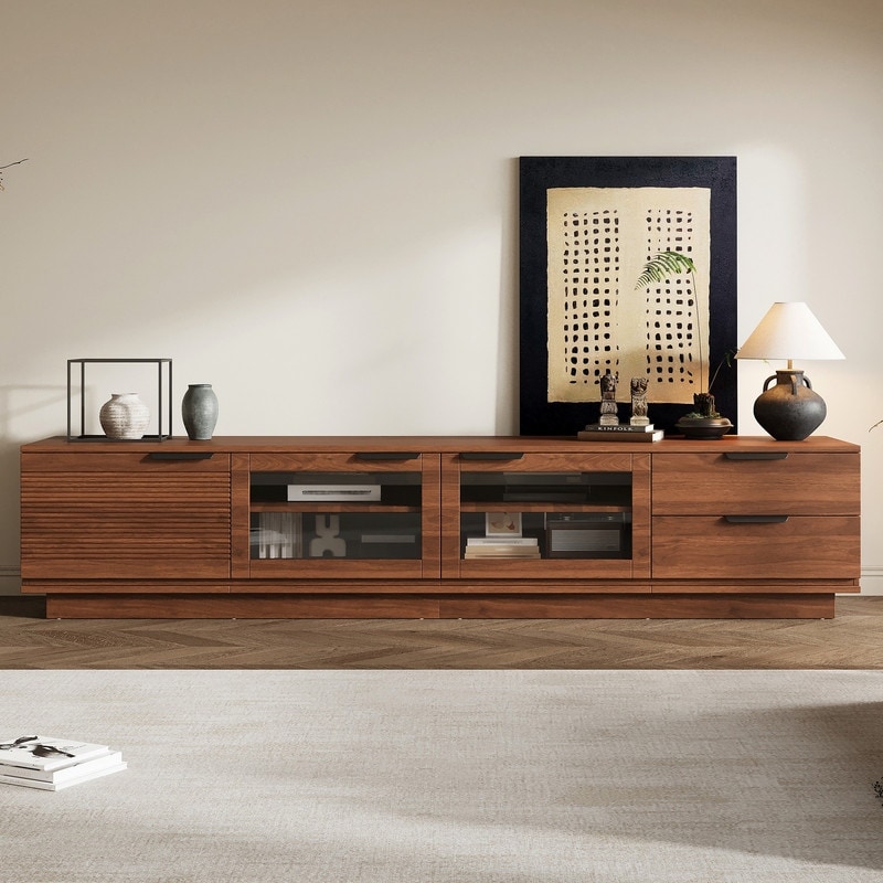 78" TV Stand for TVs up to 85", Media Cabinet Entertainment Center with Deep Drawer and Glass Doors for Living Room