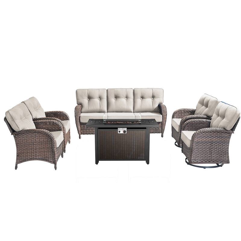 Pocassy Outdoor 43 In Fire Table with Sofa Patio Swivel Chair Set