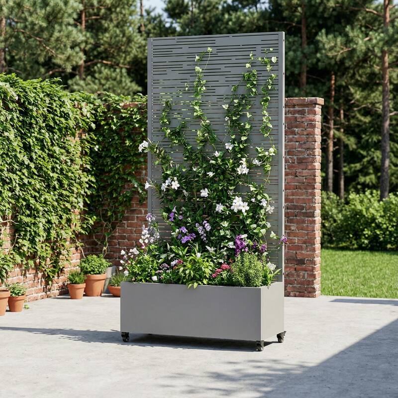Raised Garden Bed Planter with Trellis Movable Planter Box with Lockable Wheels - 72*35 - Grey