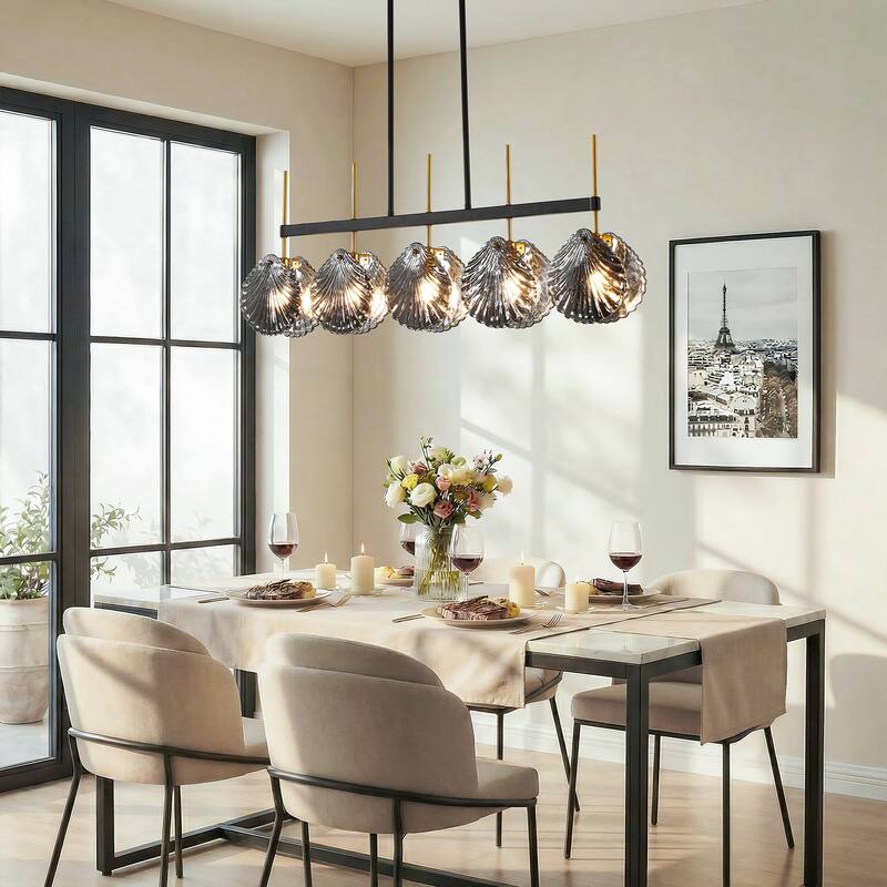 Modern 5-Light Linear Chandelier with Smoky Gray Glass Shades for Dining Room or Kitchen Island