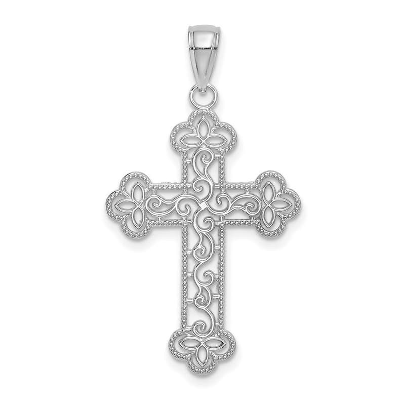 Curata 14k White Gold Beaded Scroll Filigree Cross Necklace 21mm x 27mm