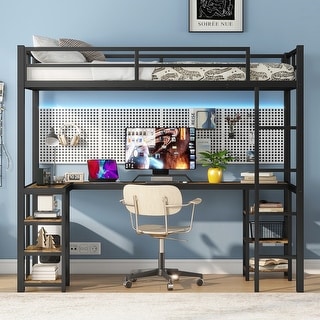 Twin XL Metal Loft Bed with Desk and Shelves, Black