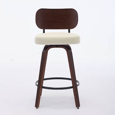 2-Pcs Swivel Bar Chairs Island Stools Set of 2, Leather Counter Height Barstools with Walnut Back & Bentwood Legs