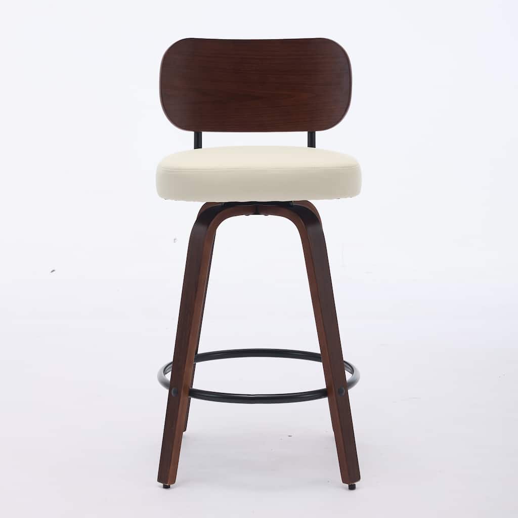 2-Pcs Swivel Bar Chairs Island Stools Set of 2, Leather Counter Height Barstools with Walnut Back & Bentwood Legs
