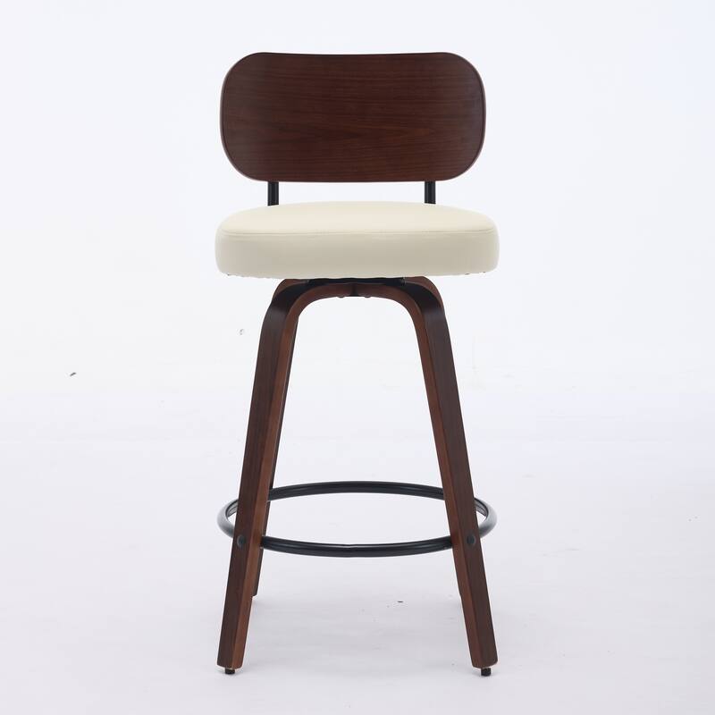 Set of 2 Upholstered Faux Leather Counter Height Swivel Bar Stools with Walnut Back and Bentwood Legs